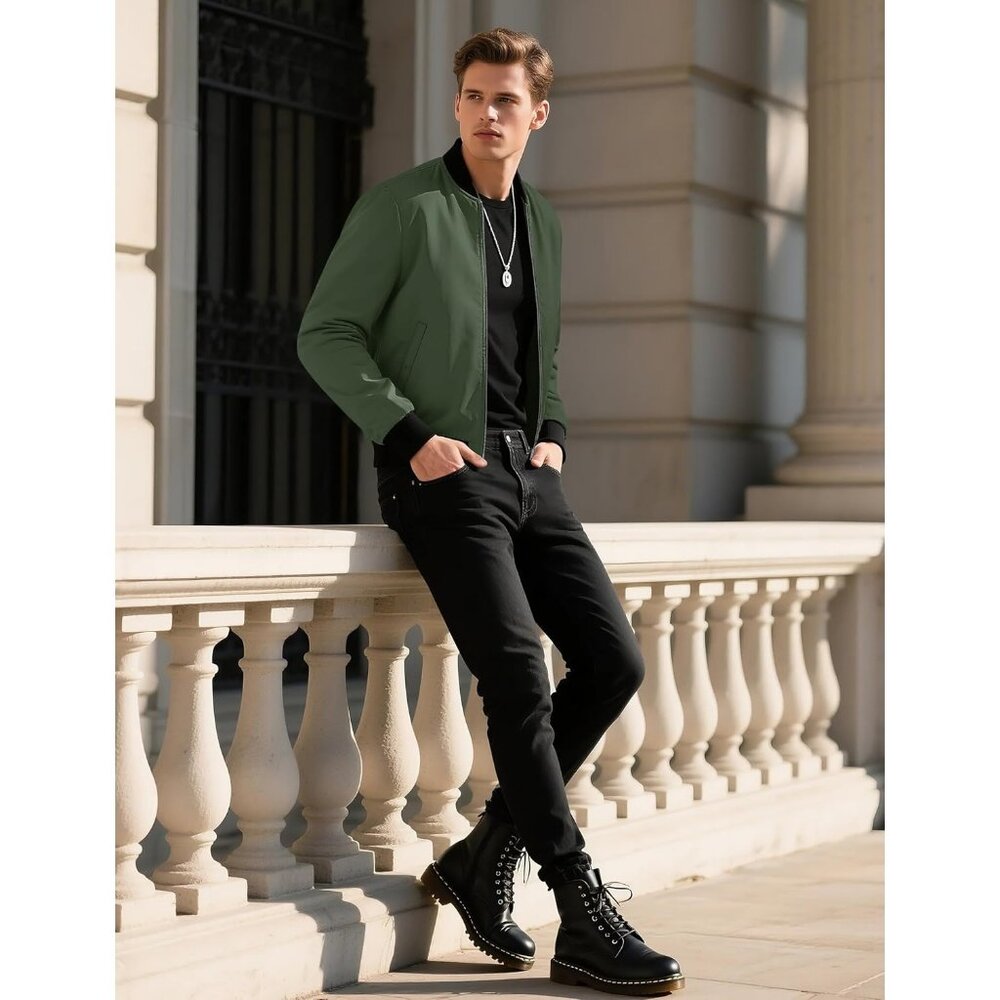 Men's Lightweight Stylish Casual Winter #07 Army Green Bomber Jacket Coats - Picture 2 of 8